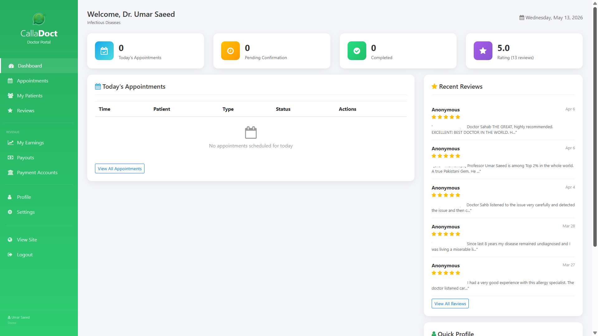 CallaDoct — Doctor portal — practice management, earnings and payout tools — Screenshot 1