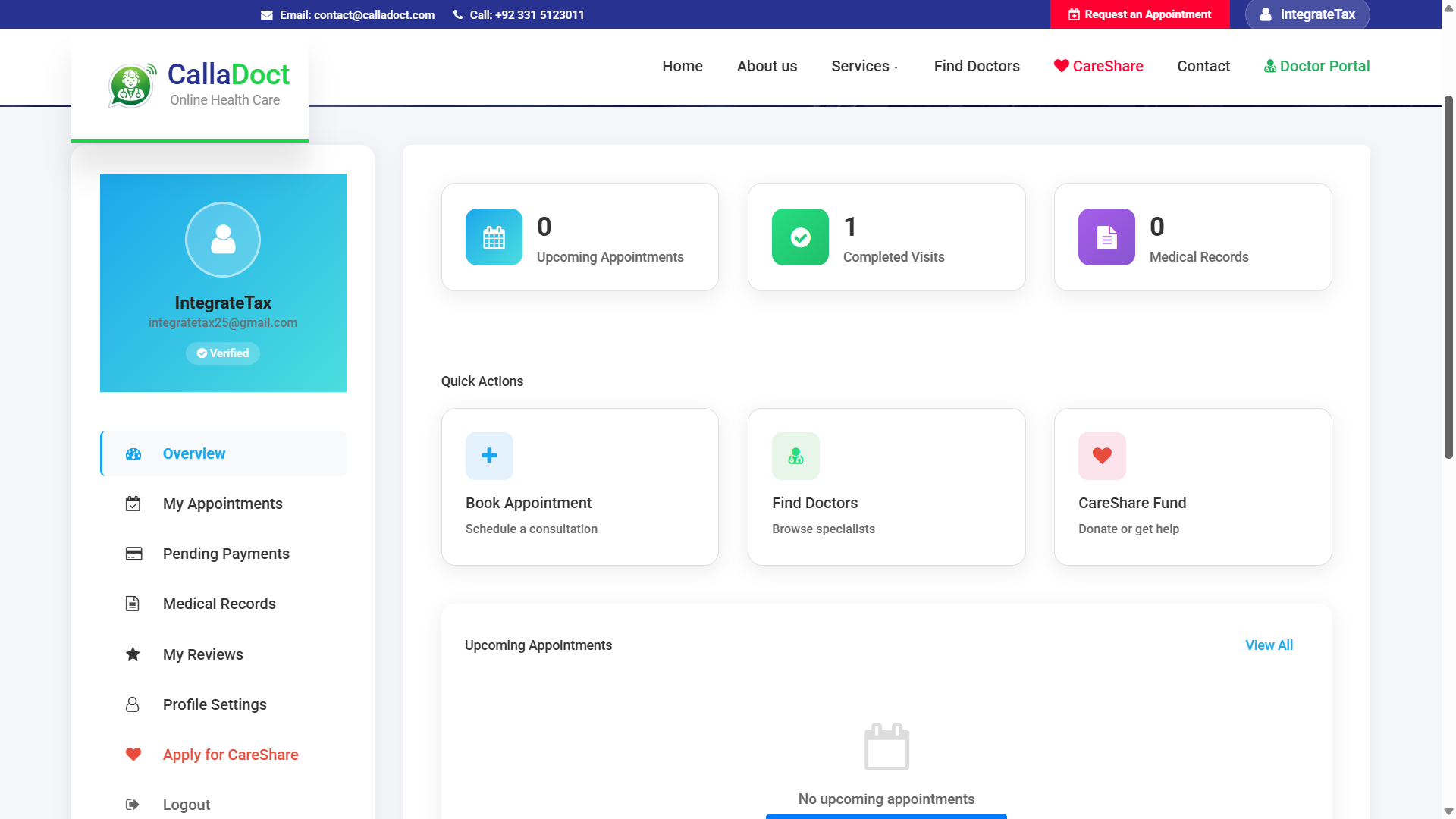 CallaDoct — Patient portal — appointments, records, prescriptions and reviews in one dashboard — Screenshot 1