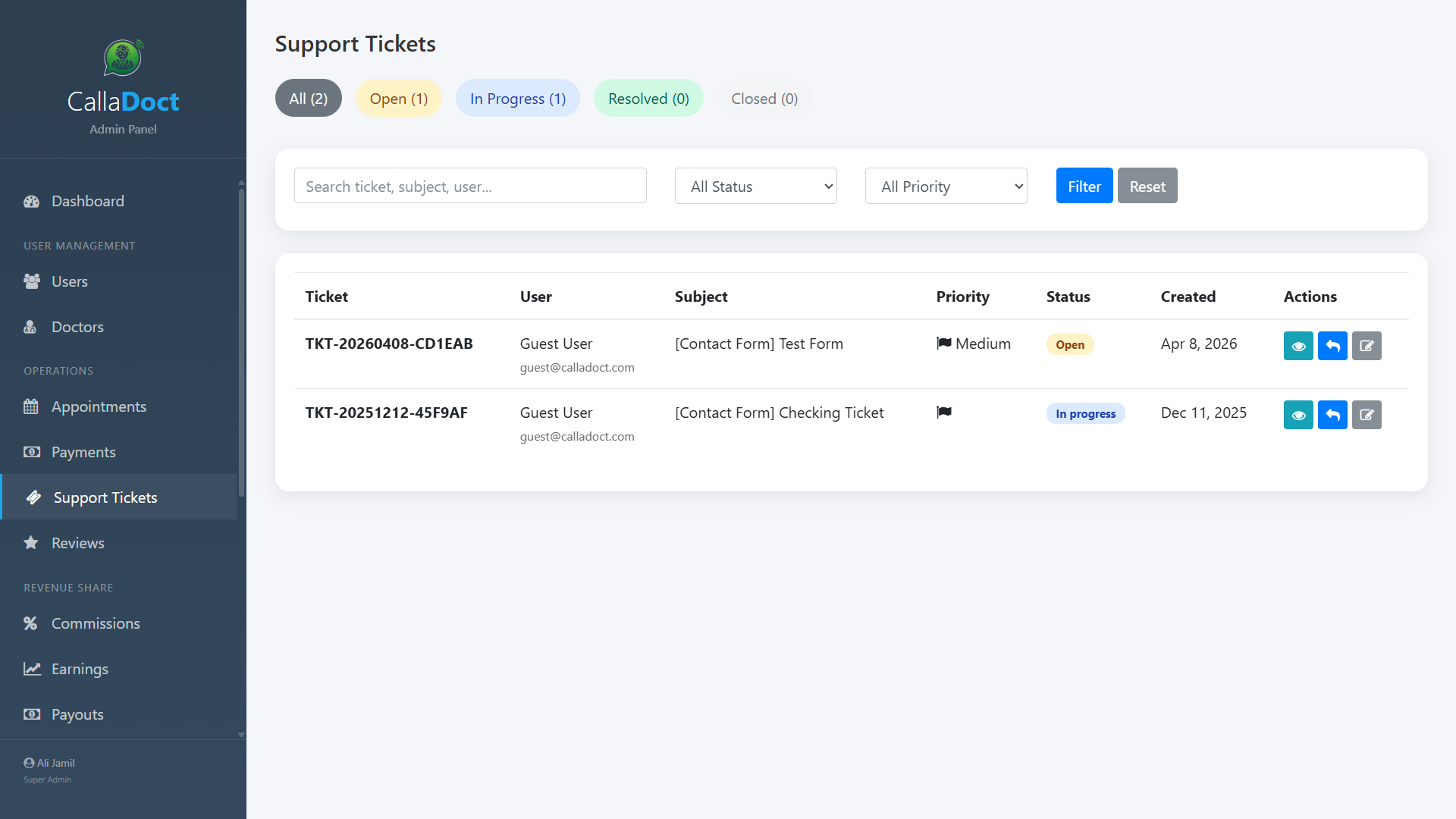 CallaDoct — Support ticket system — TKT-prefixed tracking with multi-turn replies and internal notes — Screenshot 1