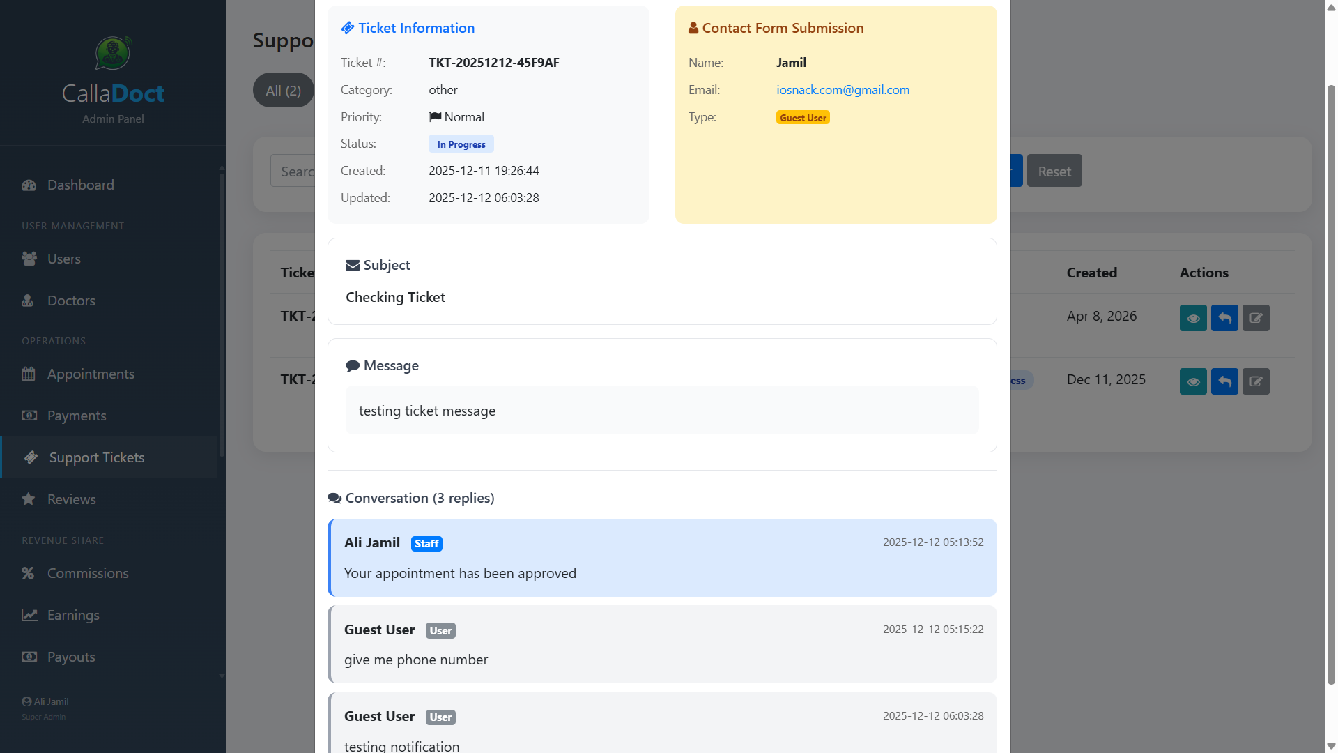 CallaDoct — Support ticket system — TKT-prefixed tracking with multi-turn replies and internal notes — Screenshot 2