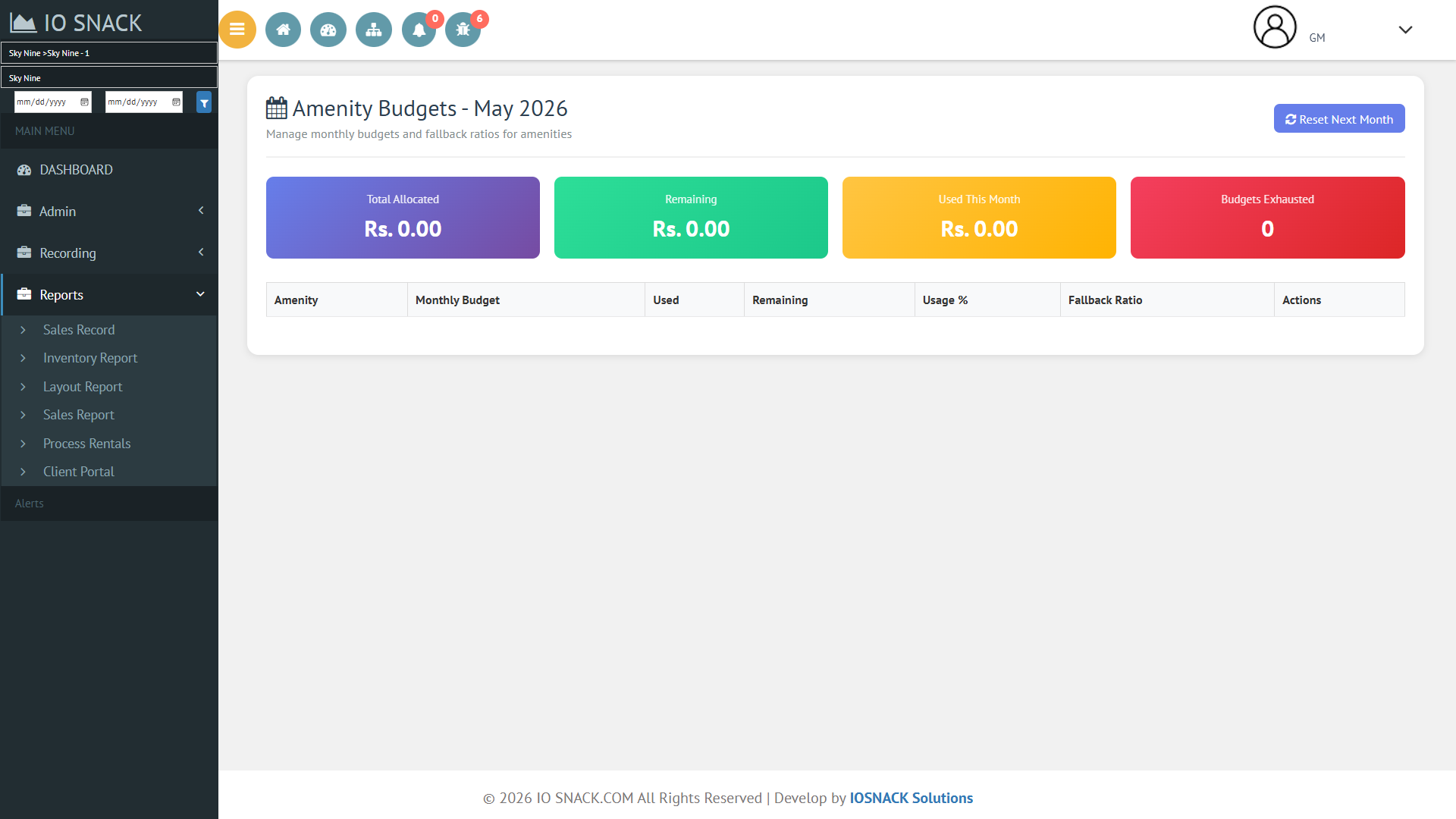 Sky Nine — Custom amenity budget engine with monthly limits and audit trail — Screenshot 1