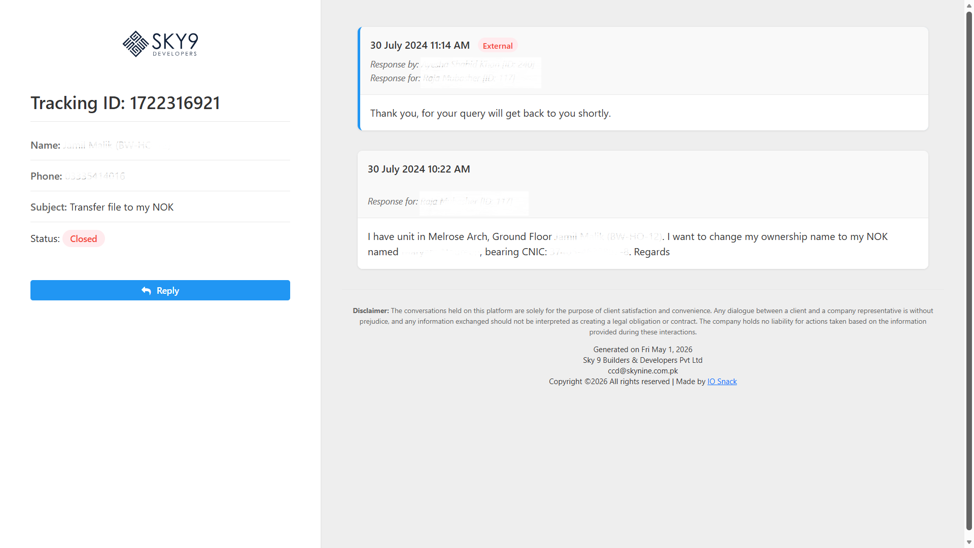 Sky Nine — Client Care Department: complaints, queries and resolution tracking — Screenshot 2