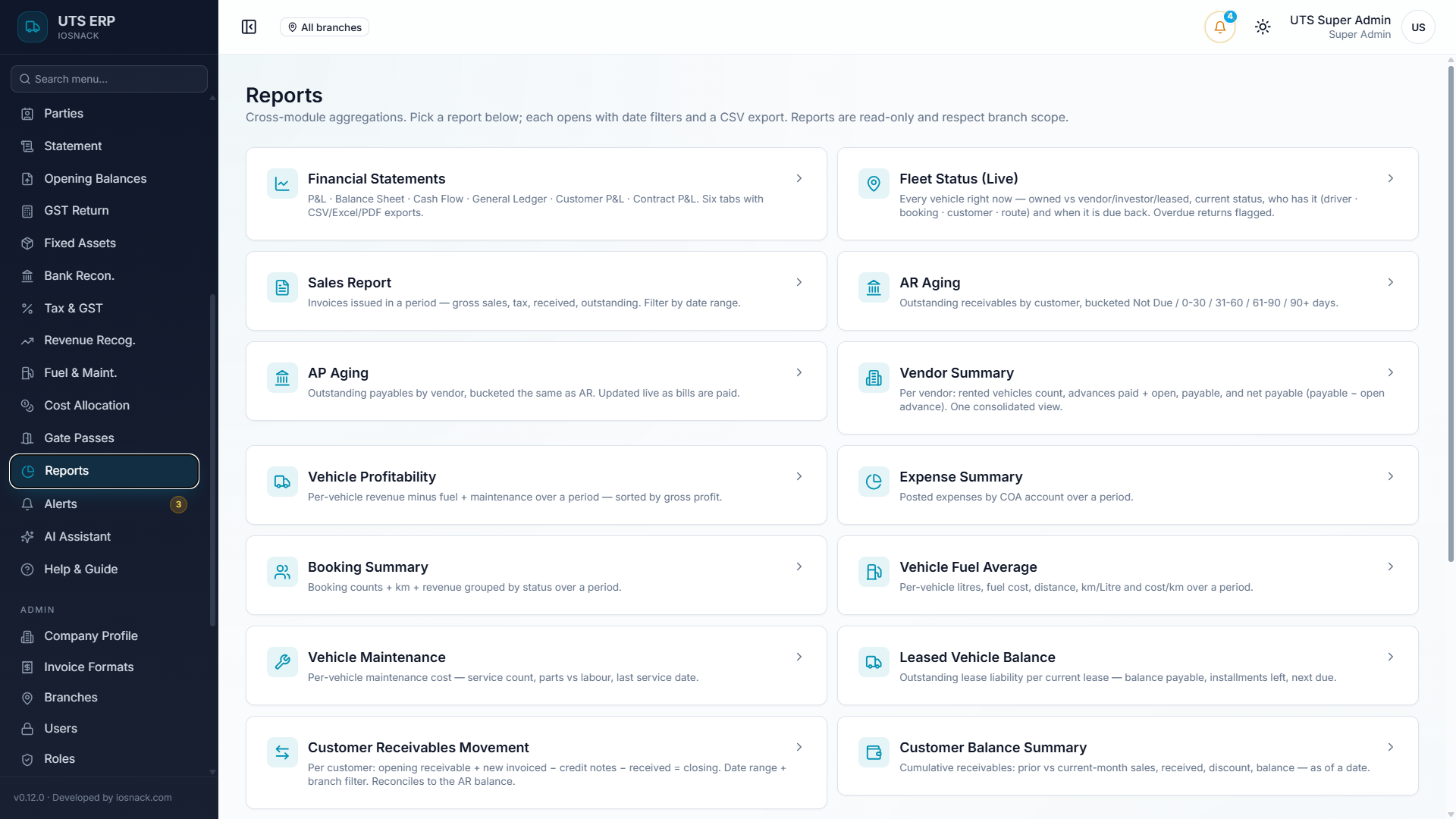 UTS — Vehicle profitability, receivables aging and live KPIs — every report region-scoped — Screenshot 2