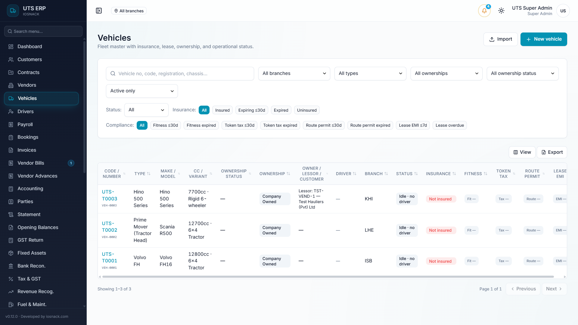 UTS — Customers, vendors, vehicles and drivers — one master record each, with compliance built in — Screenshot 1