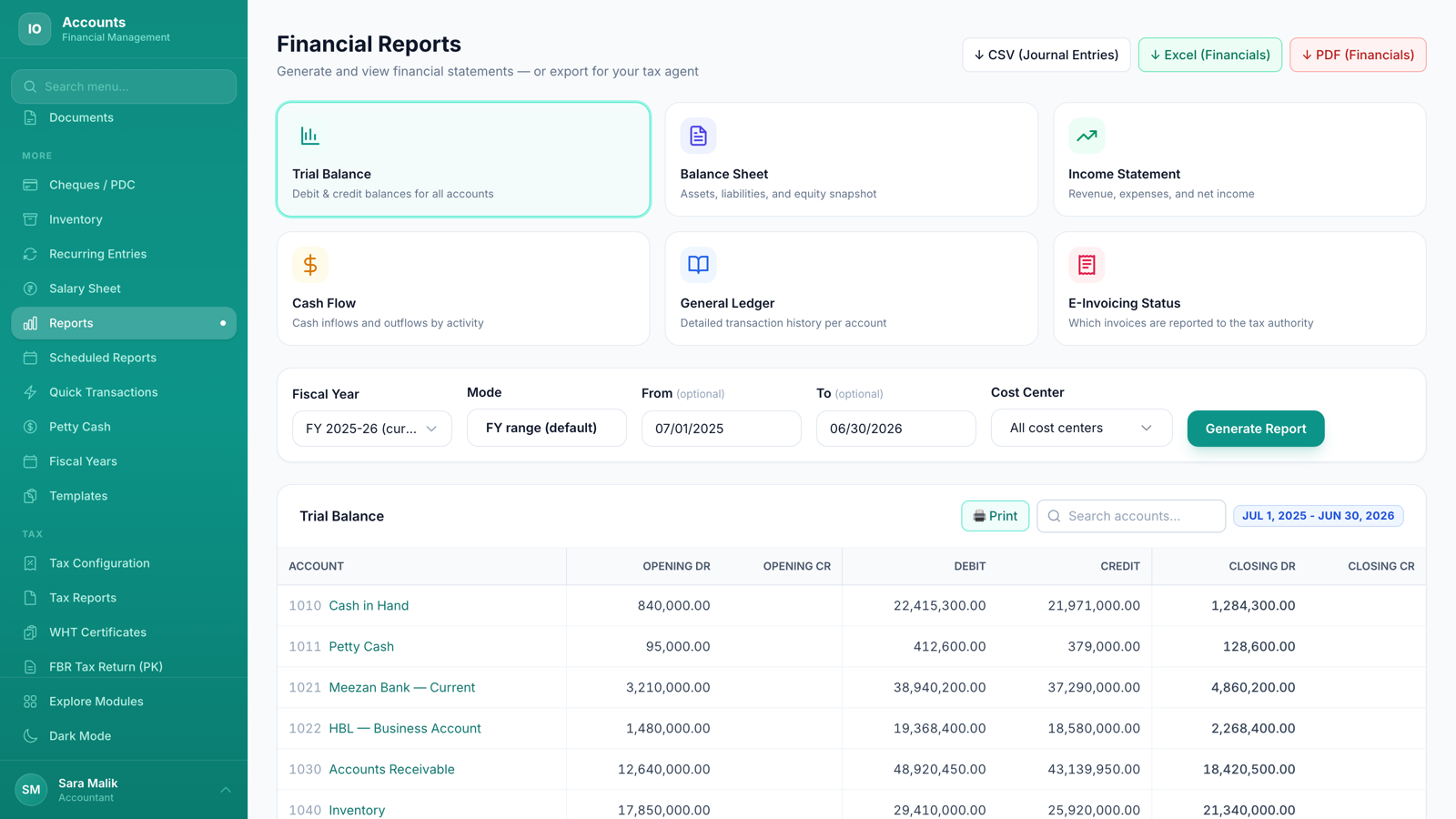 Financial Reports - Trial Balance, Balance Sheet, Income Statement