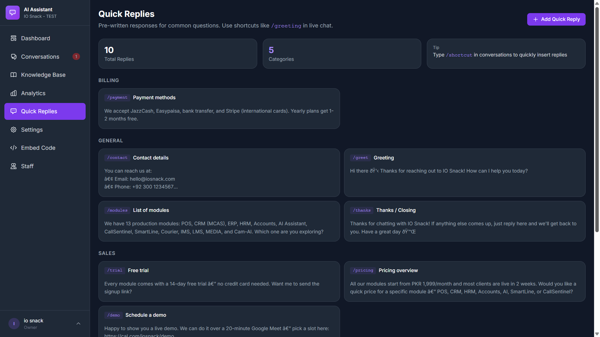 Quick Replies library - Pre-written templates with /shortcut autocomplete
