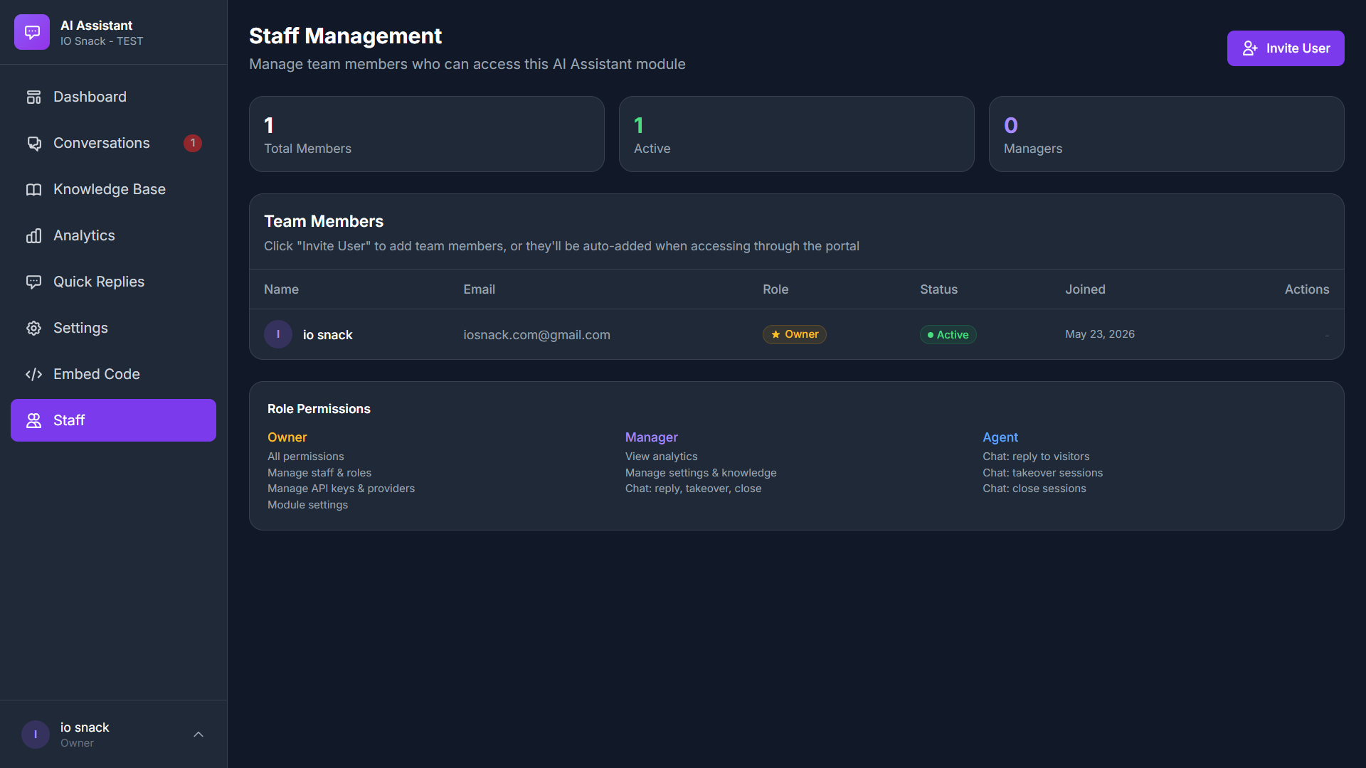 Staff management - Invite team members with role-based permissions