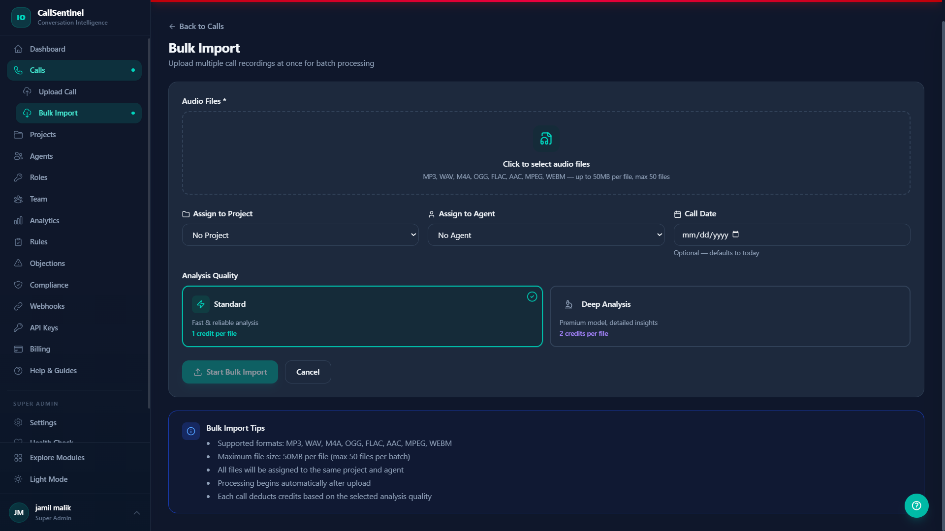 CallSentinel Bulk Import - Upload multiple recordings at once