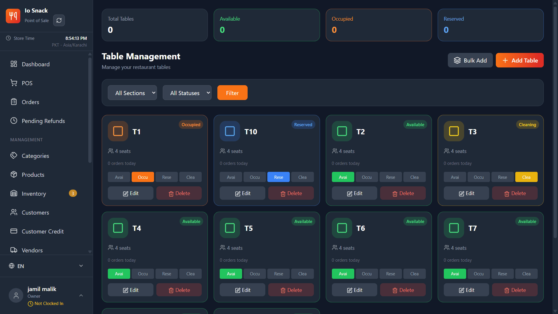 Table Management - Dine-in table layout and status tracking