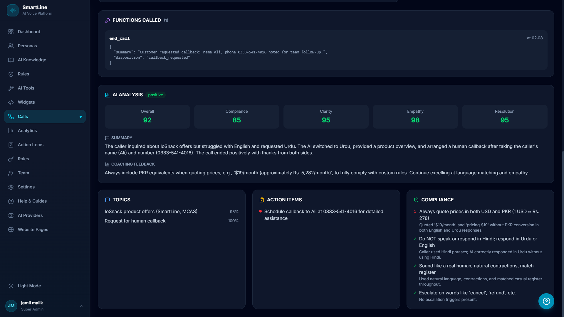 SmartLine AI Analysis - Function calls, scores 92/85/95, coaching, topics, compliance