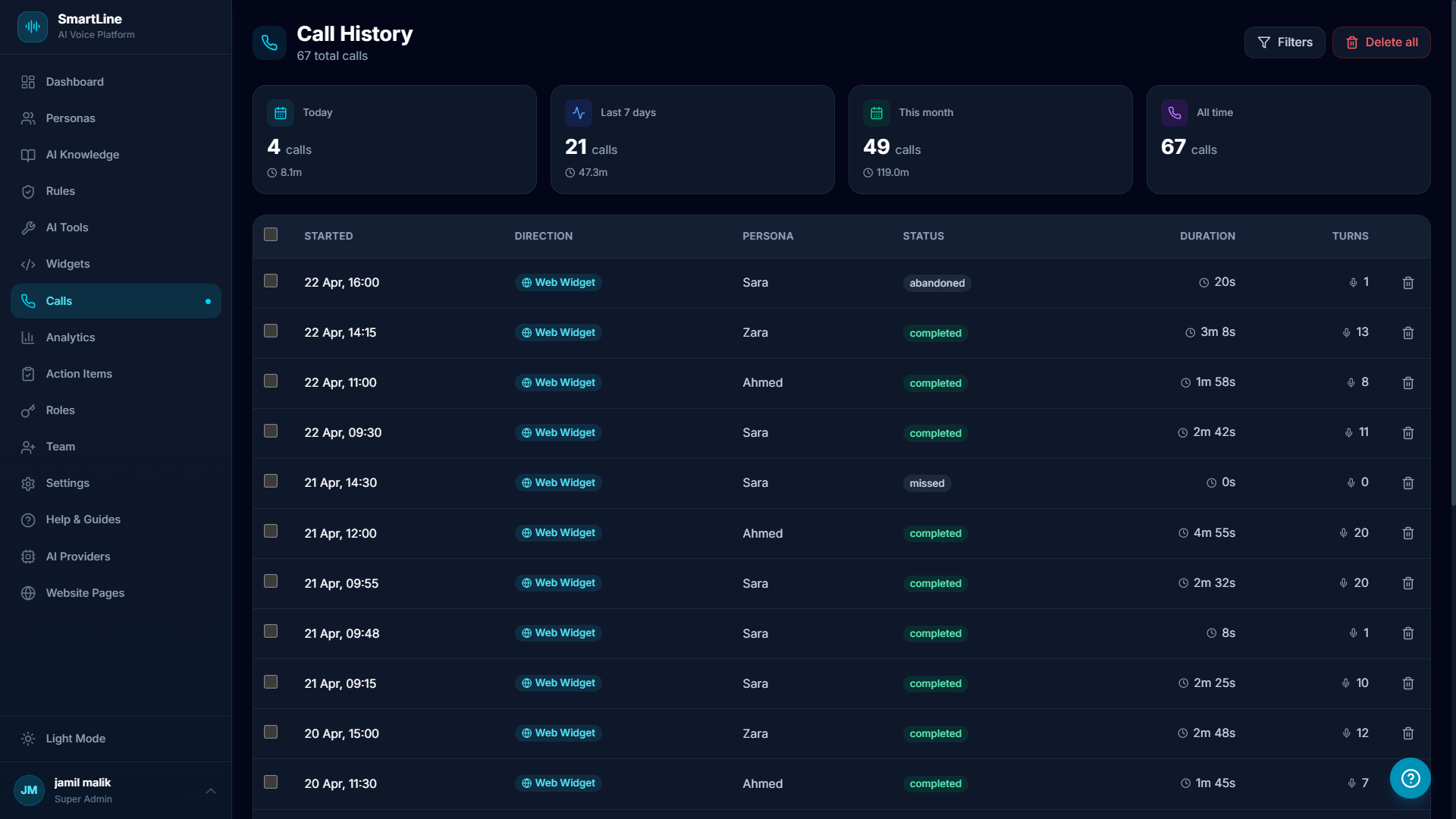 SmartLine Call History - 67 total calls with today, week, month tabs and persona filter