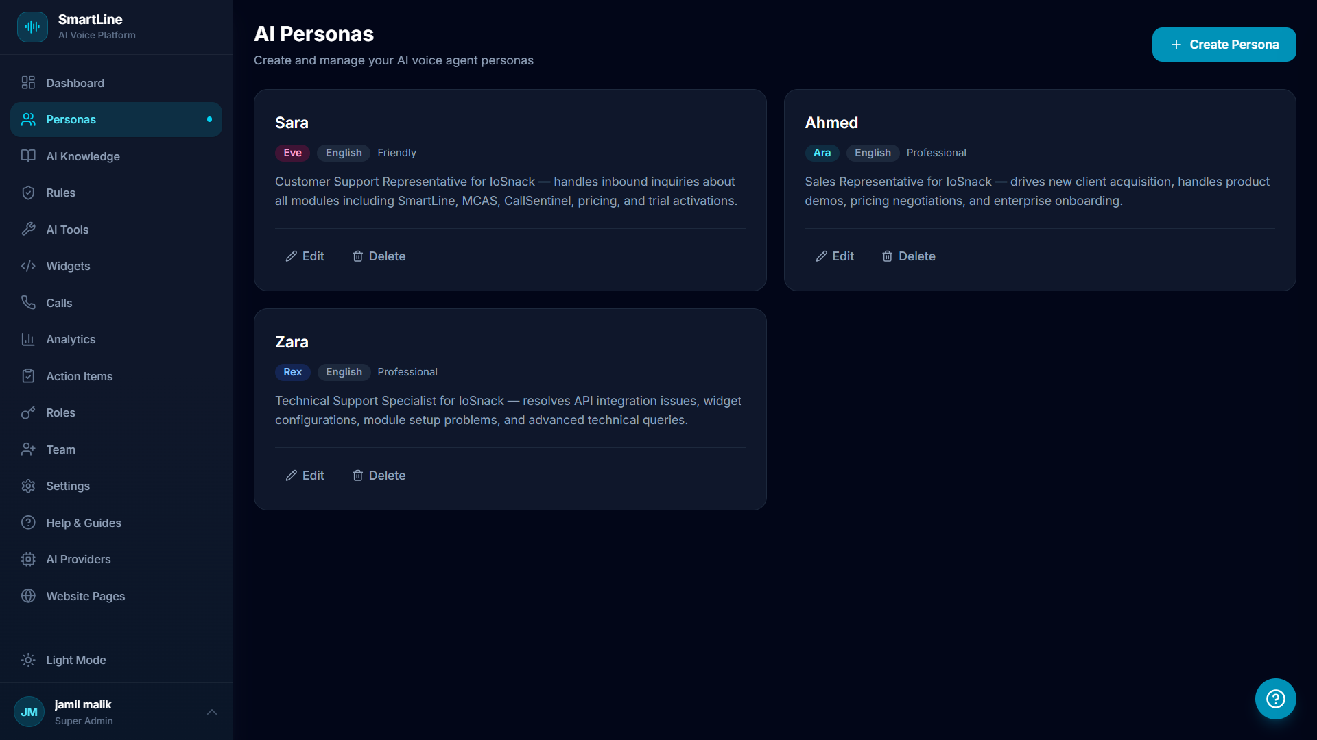 SmartLine Personas - Sara Customer Support, Ahmed Sales, Zara Technical Support