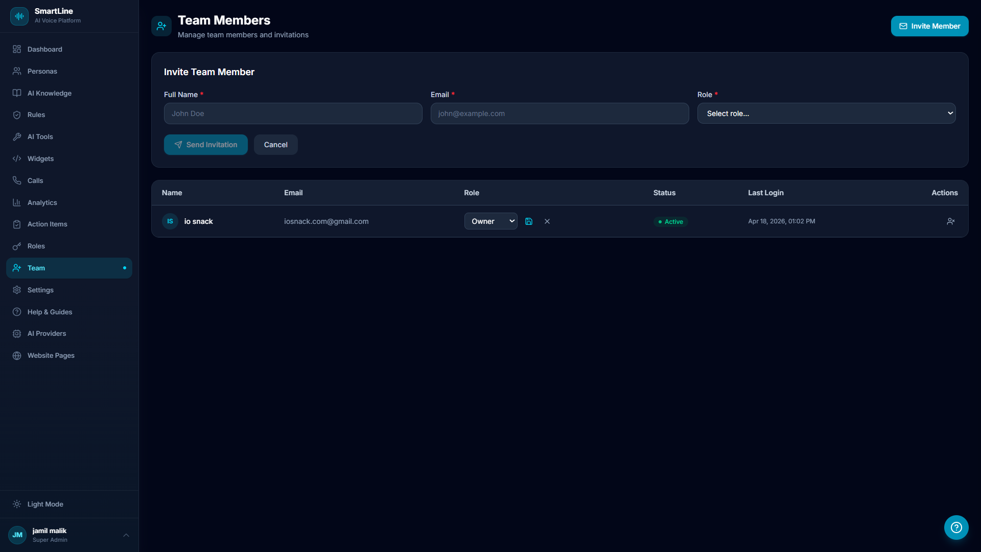 SmartLine Team Members - Invite form, Owner role, Active status, last login tracking