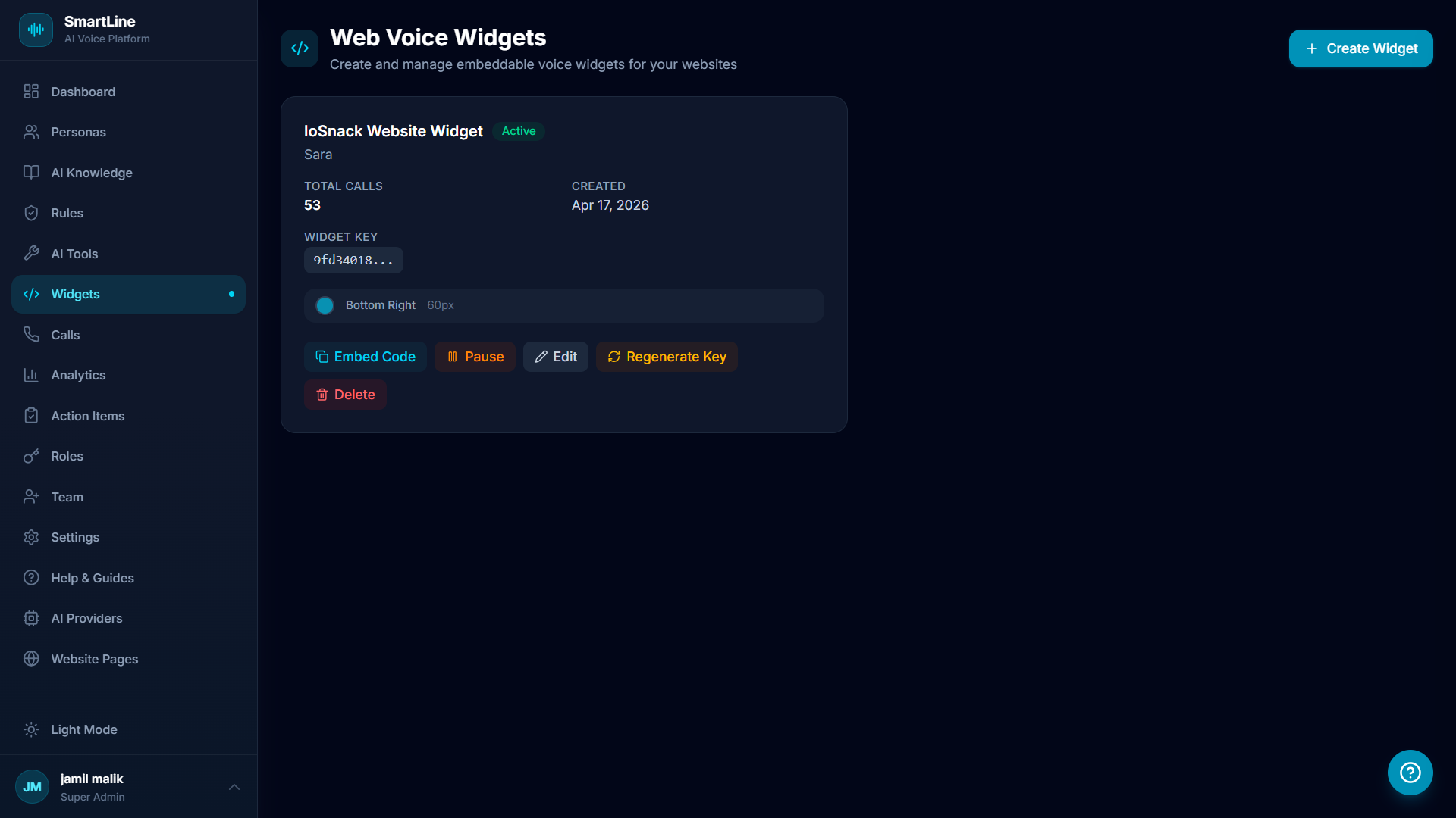 SmartLine Web Voice Widget - IoSnack Website Widget Active with embed code