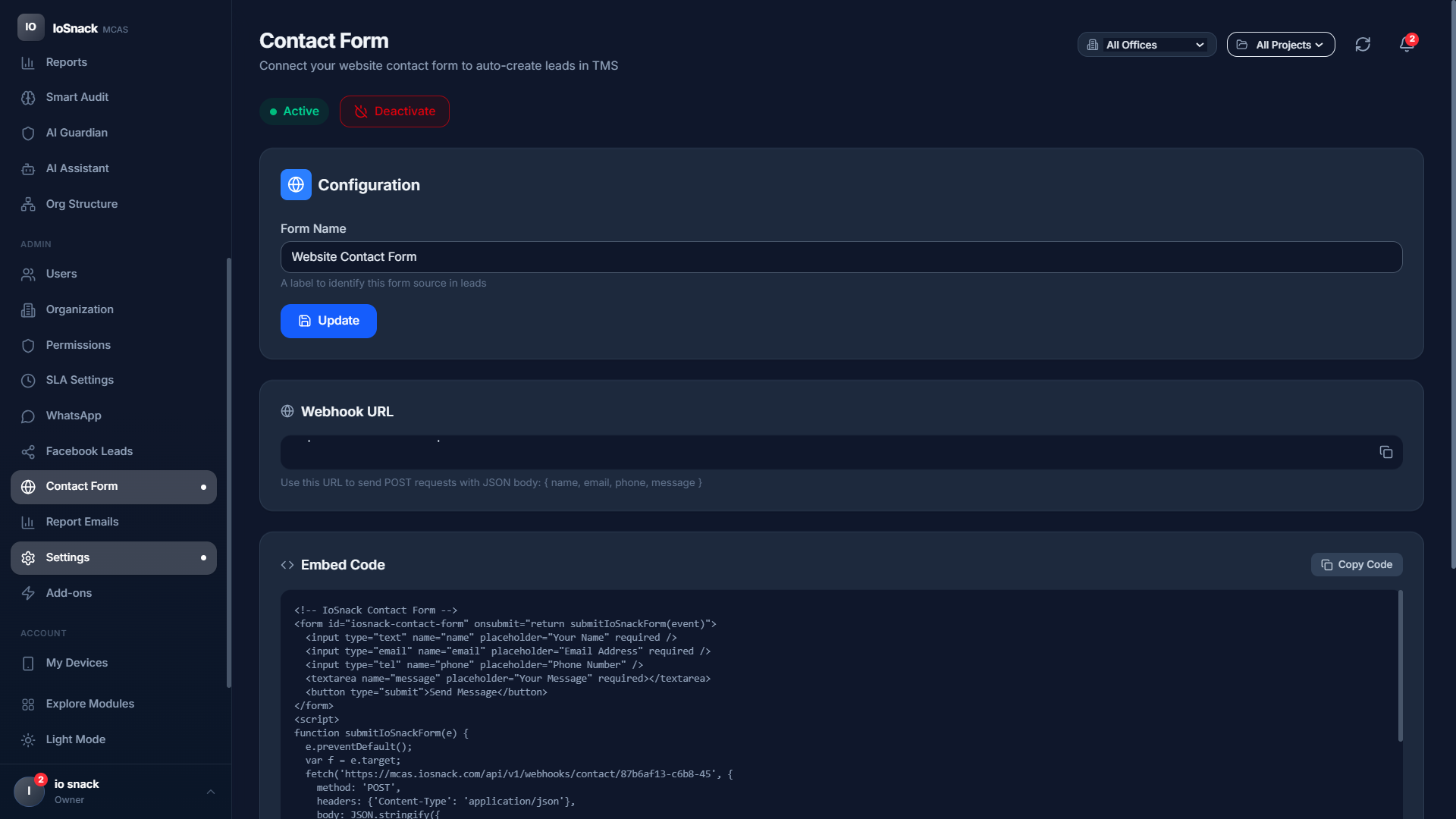MCAS Contact Form - Website form to TMS integration